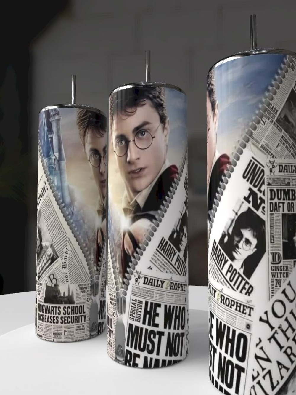 Harry Potter Themed Stainless Steel Tumbler - Black and White Newspaper Design